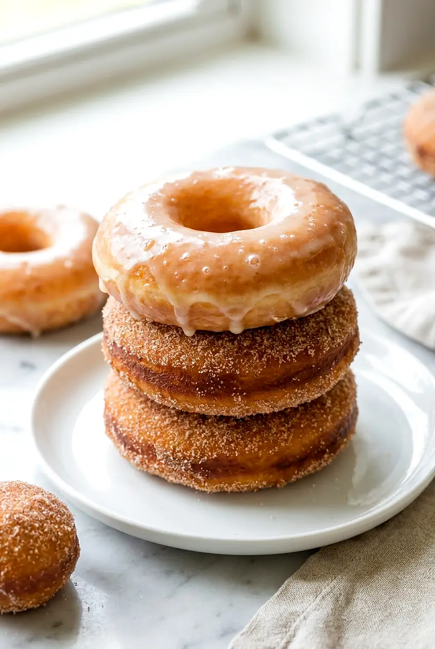 Stack of air fryer donuts on a plate, some glazed with crackly vanilla icing and others coated in cinnamon sugar.