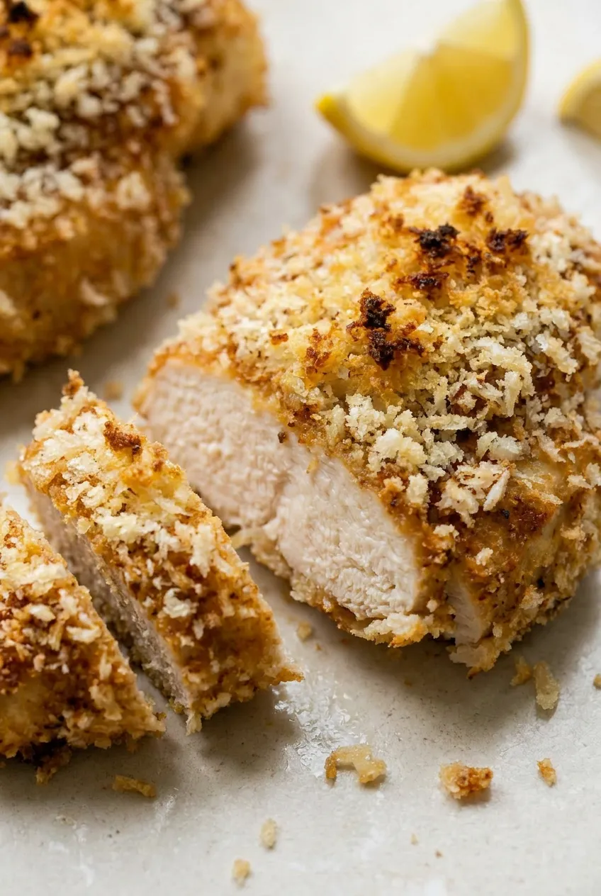 Close-up of golden panko coating on air fryer chicken breast showing juicy interior