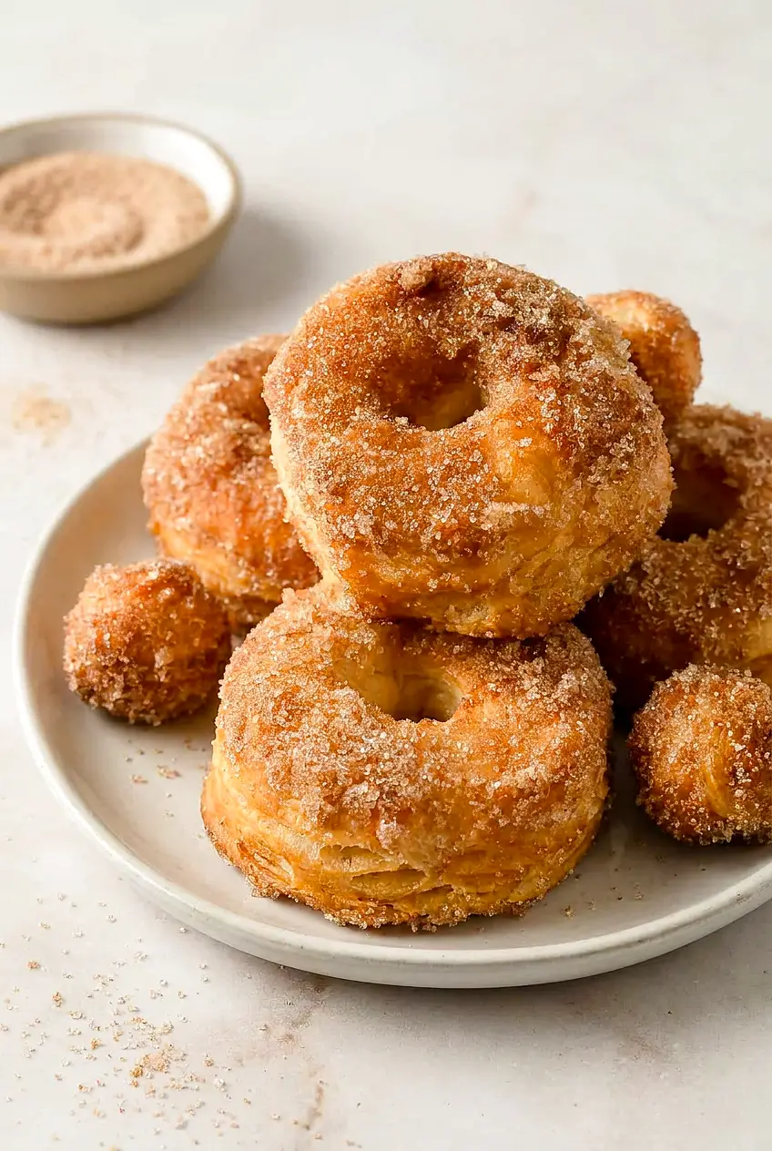 Air Fryer biscuit donuts coated in cinnamon sugar on a pale plate, golden and flaky with a few donut holes alongside.