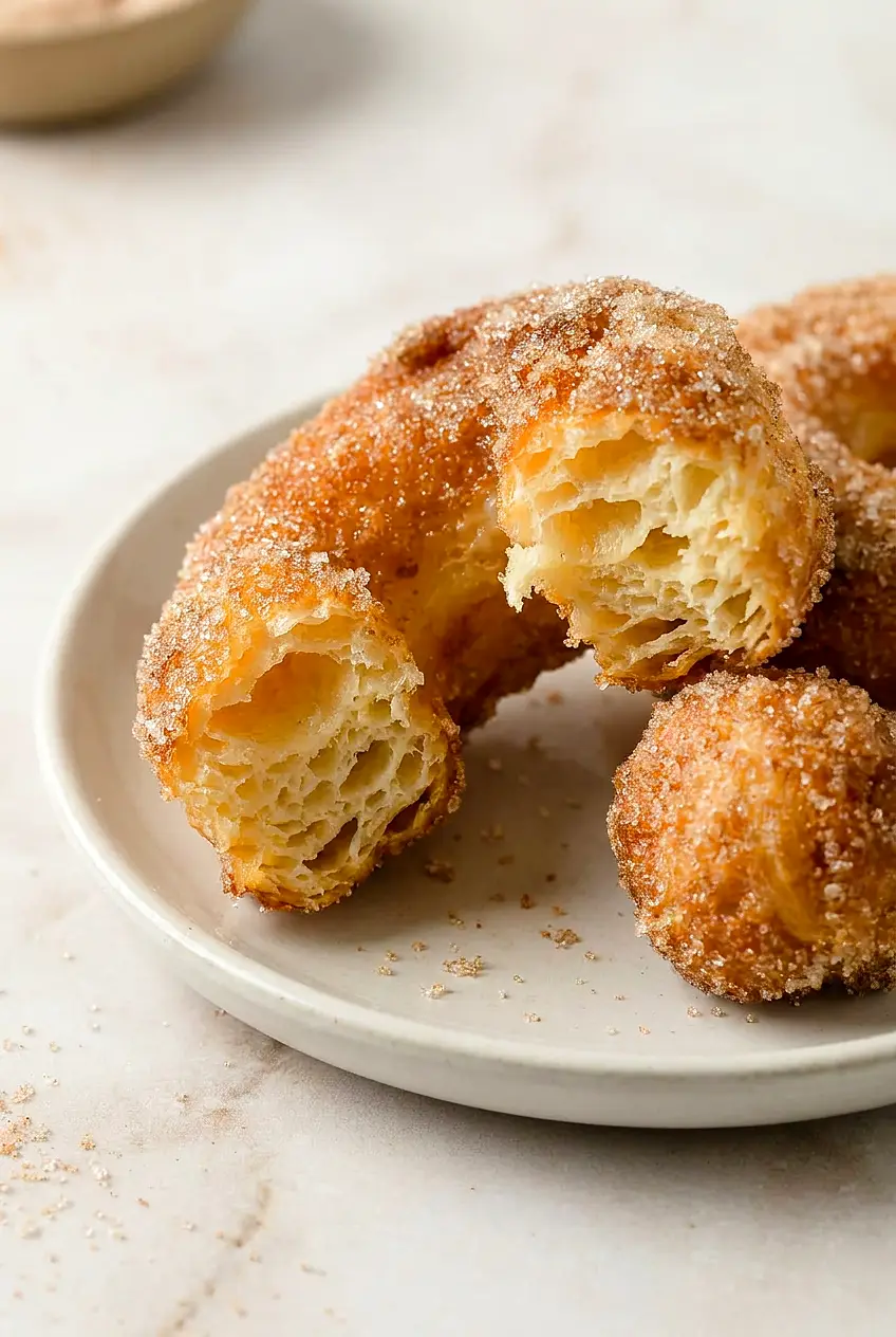 Close-up of an Air Fryer biscuit donut torn open to show flaky layers and a cooked center with crunchy cinnamon sugar.