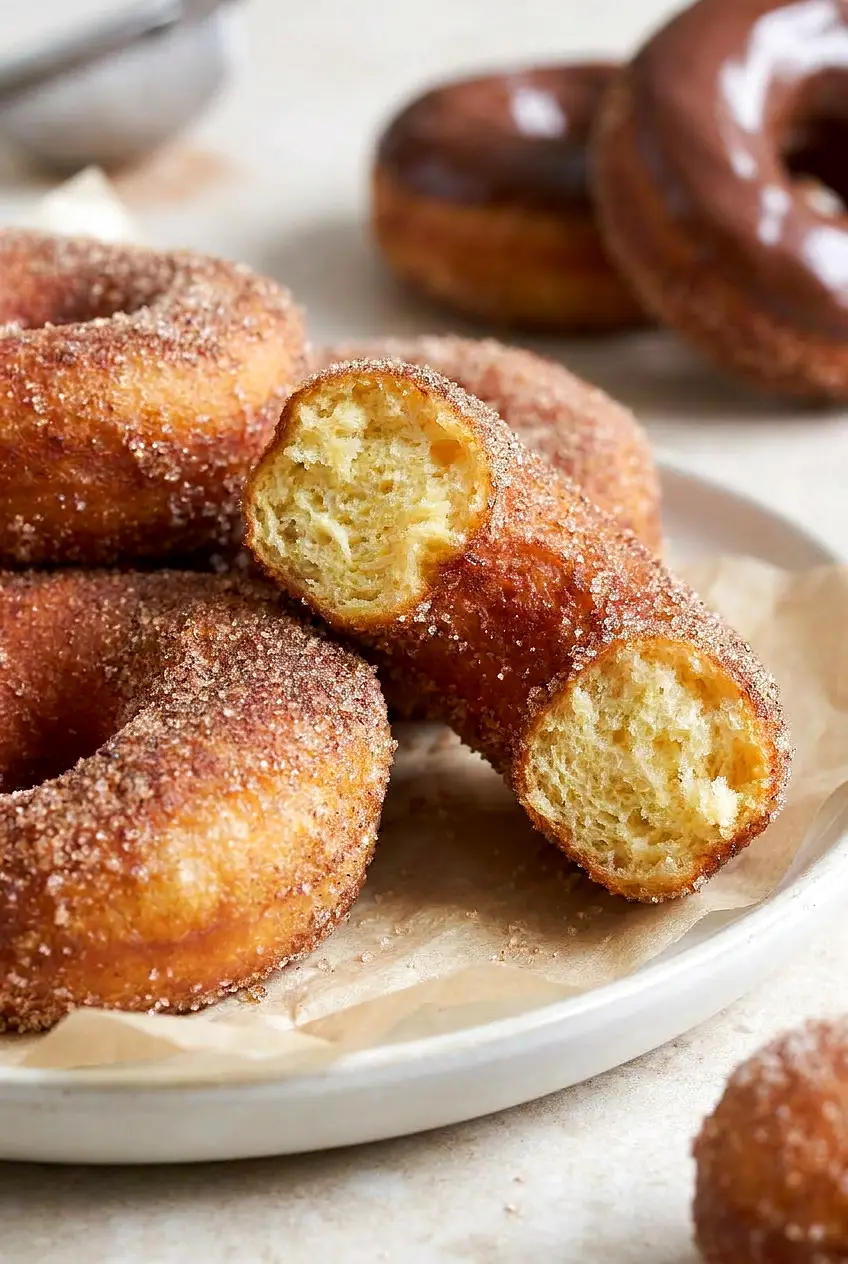 Close-up Air Fryer cinnamon sugar donut torn open, showing soft interior and sugar crystals; a glazed donut blurred in back.