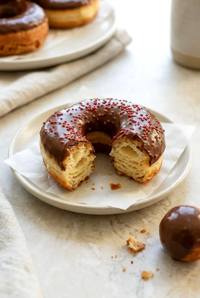 Close-up of an air fryer chocolate frosted donut torn open, showing flaky biscuit layers under a shiny set glaze.