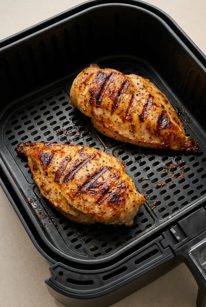 Air fryer grilled chicken breast with golden-brown tops and diagonal score lines inside a black air fryer basket