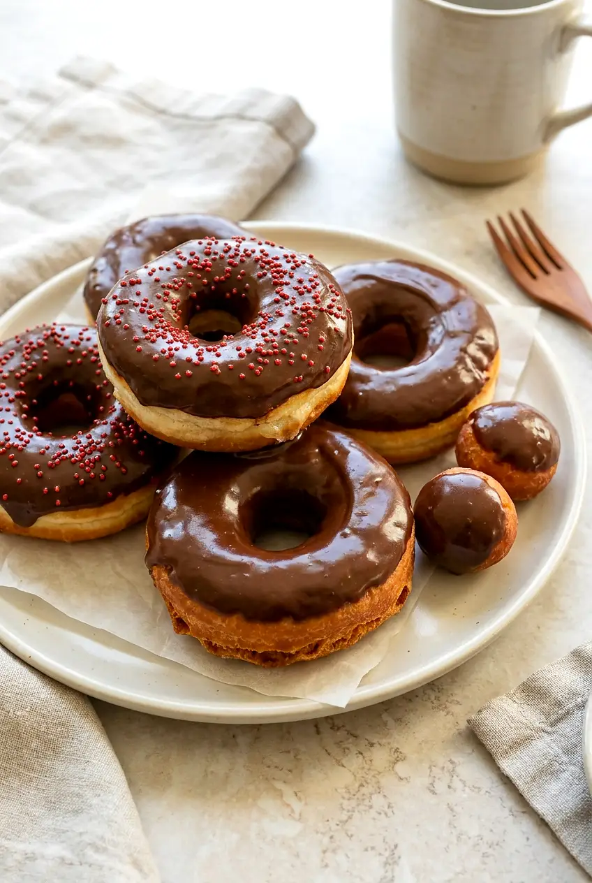 Air fryer chocolate frosted donuts on a plate, glossy set glaze with rainbow sprinkles and lightly golden edges.