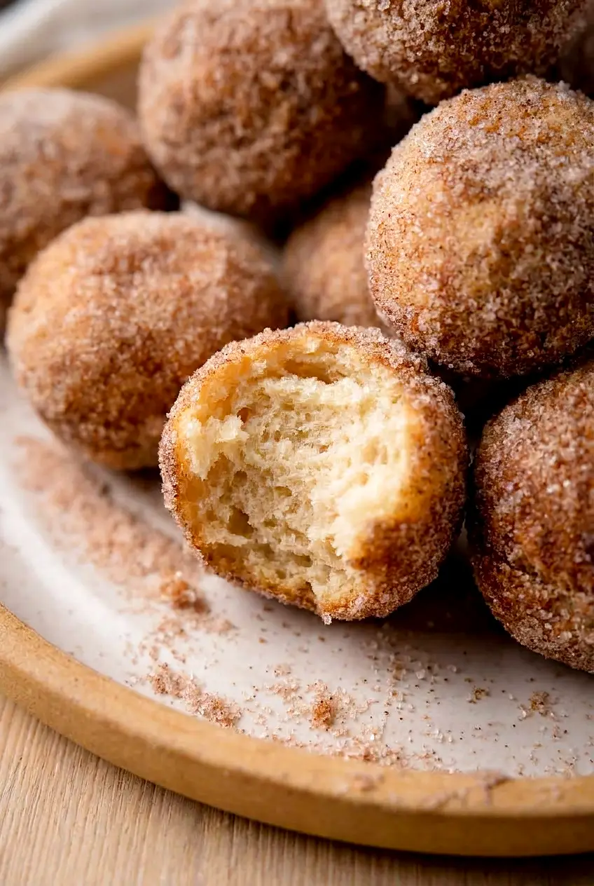 Close-up of an Air Fryer Donut Hole torn open, showing a tender, cooked center and a cinnamon-sugar crust.