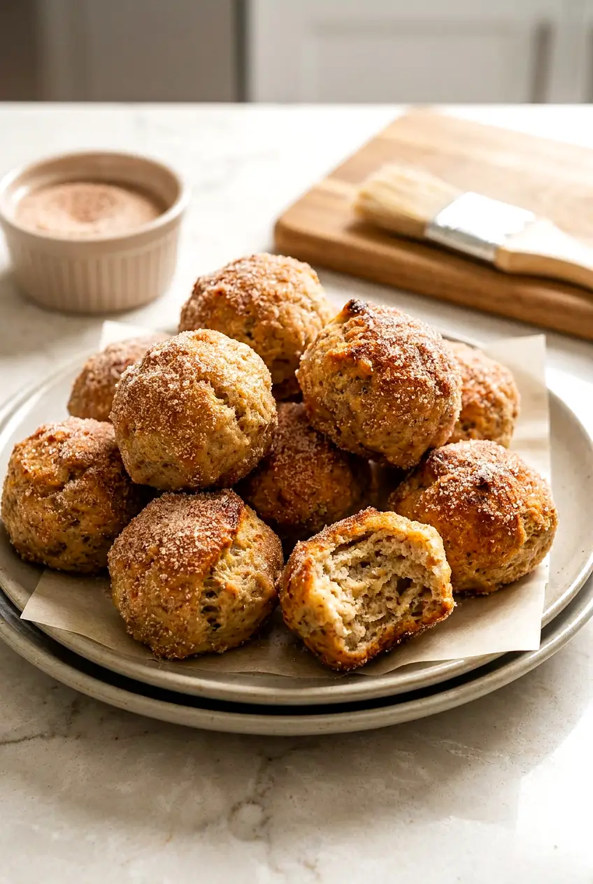 Air fryer banana donut holes on a ceramic plate, golden and cinnamon sugar coated, one broken open to show tender crumb.