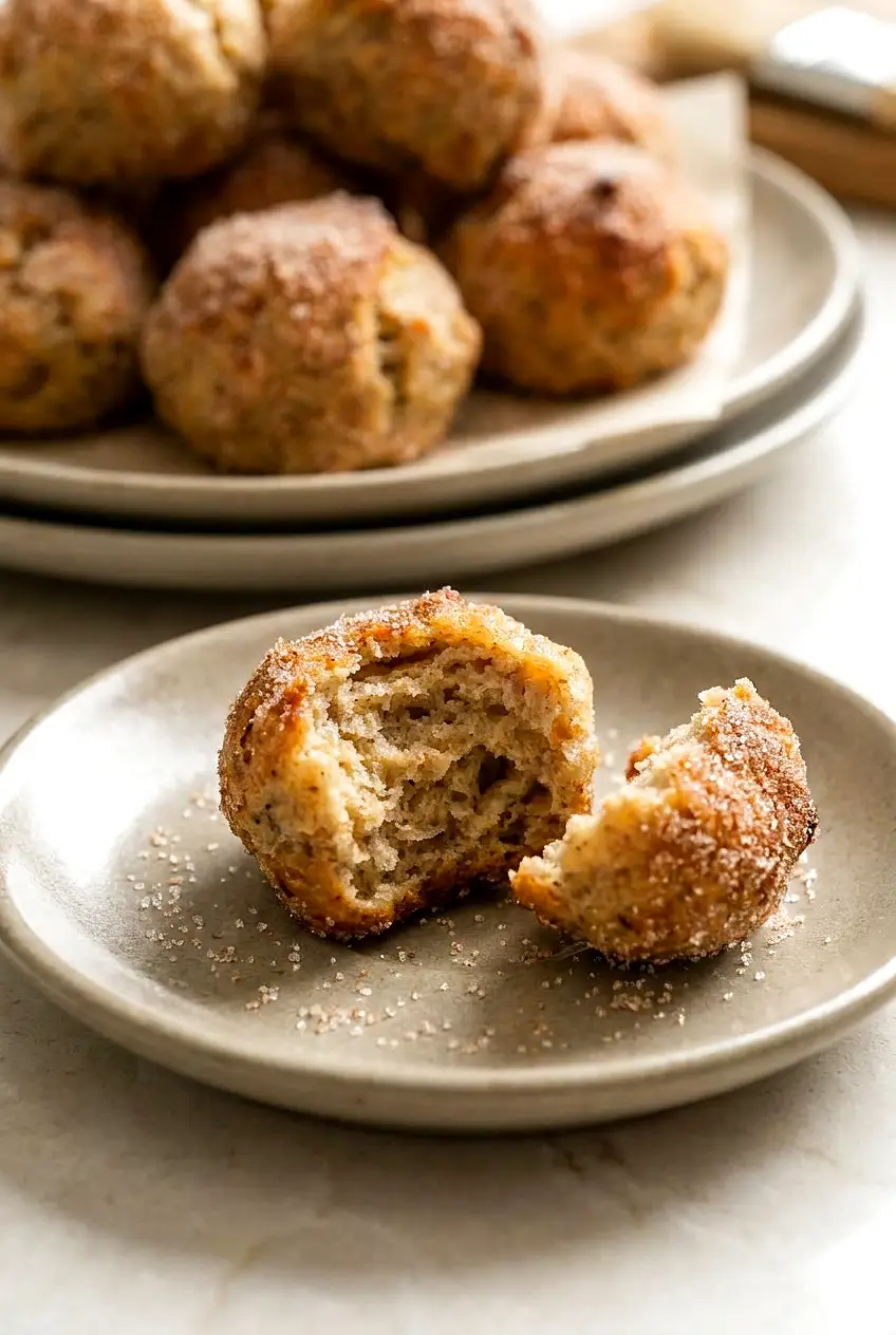 Close-up of an air fryer banana donut hole broken open, showing tender crumb beneath a cinnamon sugar coating.