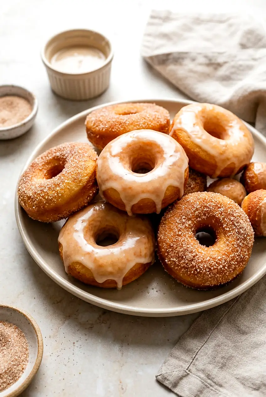 Air fryer vegan donuts—golden yeast-raised rings, some vanilla glazed and some cinnamon-sugar coated, on a neutral plate.