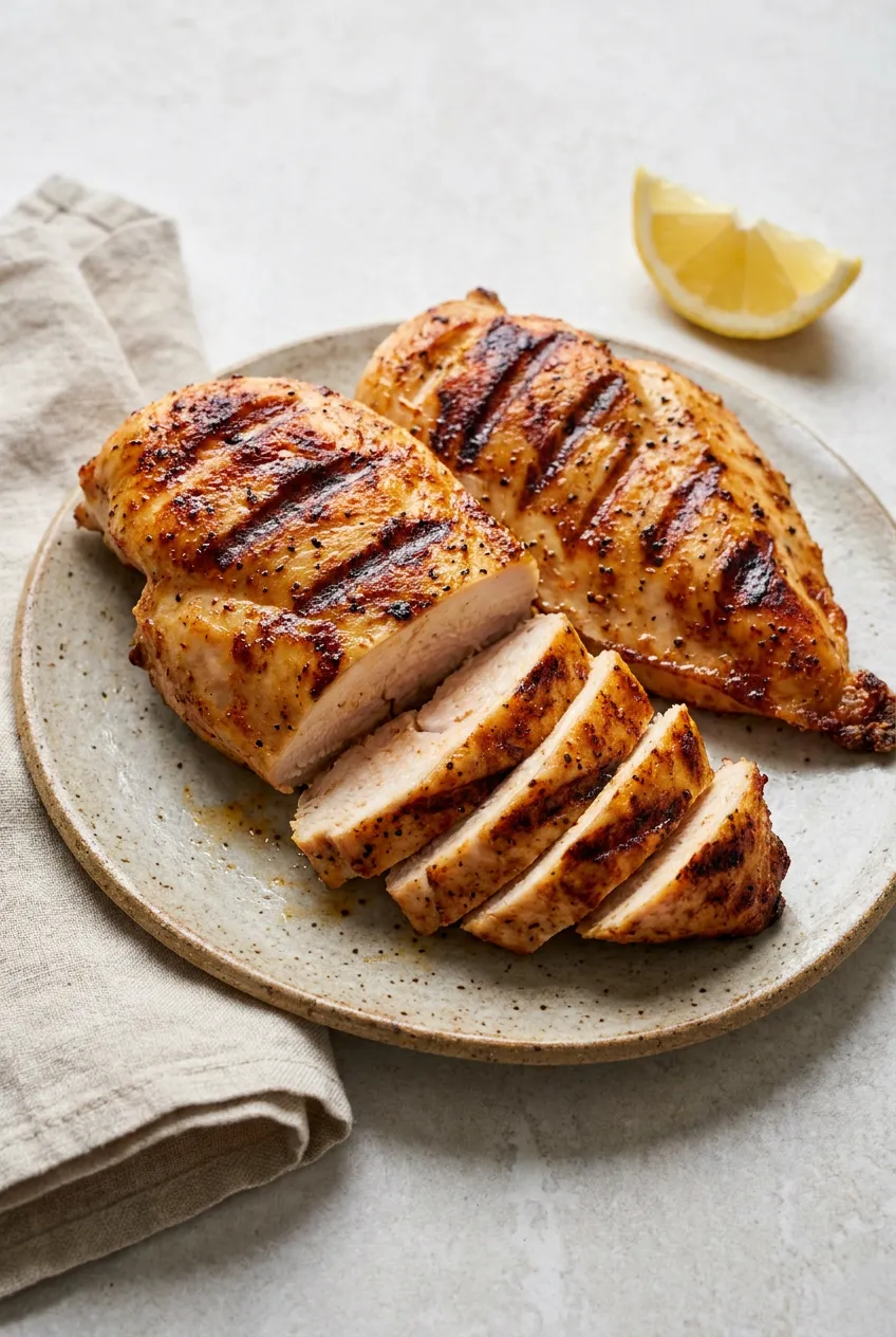 Air fryer grilled chicken breast, sliced with juicy interior and browned diagonal score marks on a ceramic plate