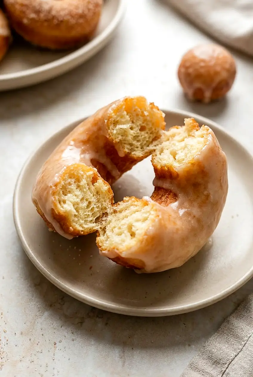 Close-up of a broken air fryer vegan donut showing a light, airy crumb and glossy vanilla glaze.