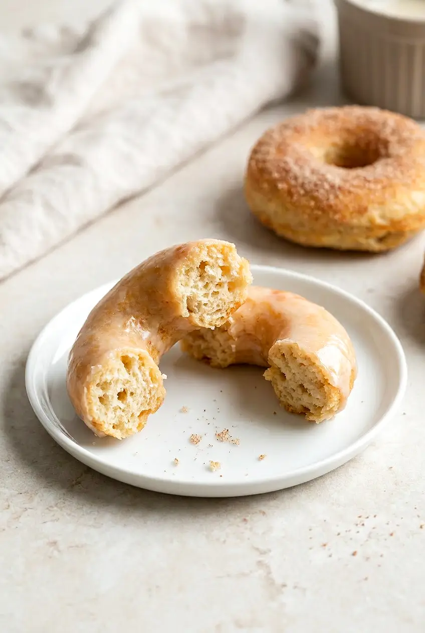 Close-up of an air fryer gluten-free donut torn open, showing tender airy crumb and thin vanilla glaze on the golden outside.
