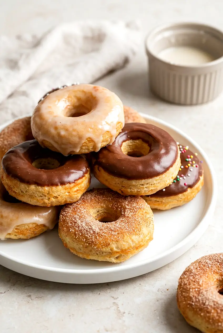 White plate with air fryer gluten-free donuts—lightly golden rings, some glazed and some coated in cinnamon sugar.