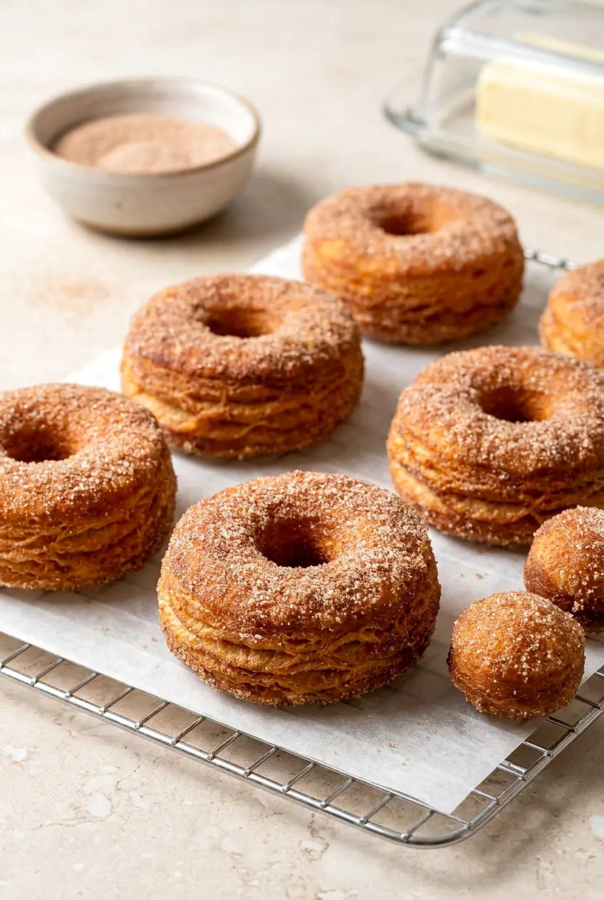 Air fryer donuts with canned biscuits in cinnamon sugar on a cooling rack, golden and puffed with a few donut holes.