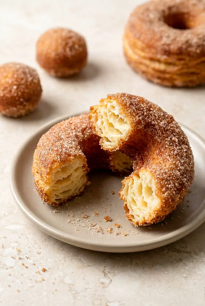 Close-up of a cinnamon-sugar air fryer biscuit donut torn open to show soft, flaky interior and crisp, sugared edges.