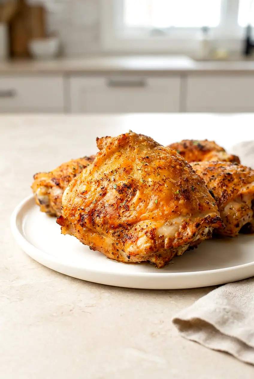 Close-up of crispy air fryer chicken thighs on a white plate, bone-in with golden, blistered skin and speckled Italian seasoning.