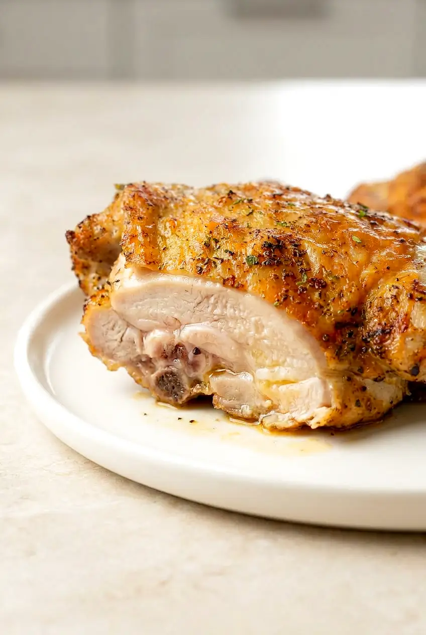 Tight close-up of a sliced air fryer chicken thigh showing juicy interior beneath crisp, blistered skin with herb seasoning.