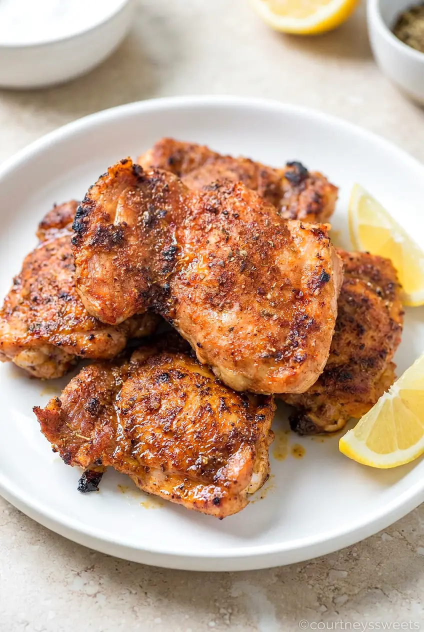 Air fryer boneless skinless chicken thighs on a plate with browned edges and smoky paprika-oregano rub, juicy and lightly crisp.