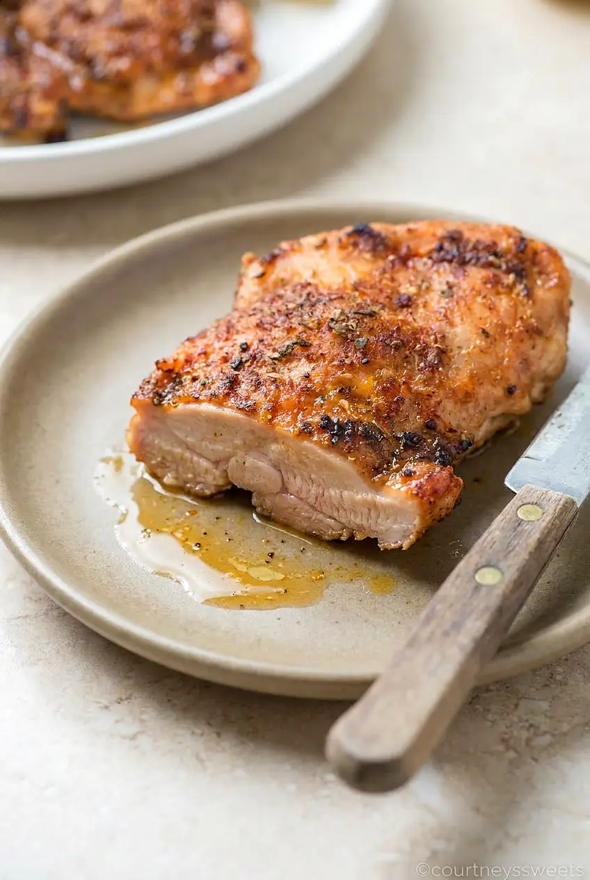 Close-up sliced air fryer boneless skinless chicken thigh showing juicy center and browned, spiced surface.