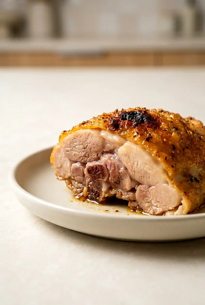 Close-up of sliced air fryer bone-in chicken thigh showing crisp skin and moist, tender dark meat.