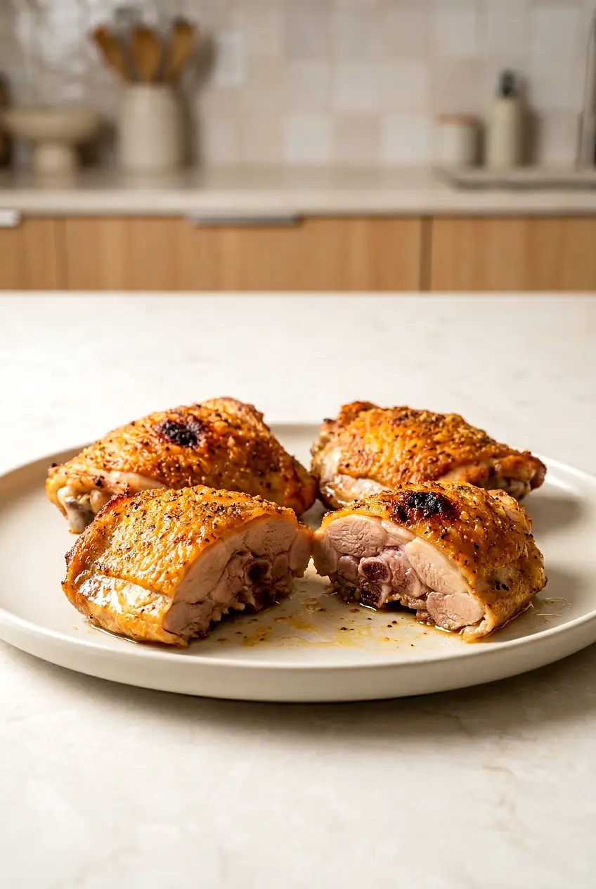 Crispy air fryer bone-in chicken thighs on a plate, one sliced to show juicy meat and golden skin.