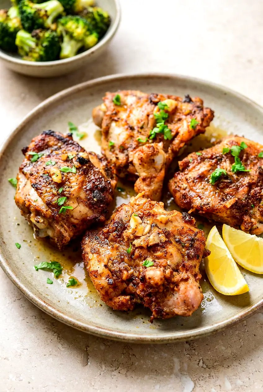 Air Fryer Garlic Parmesan chicken thighs plated, golden crisp skin with Parmesan flecks, parsley garnish and lemon wedges.