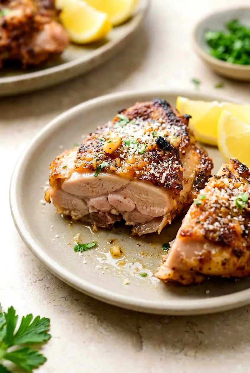 Close-up of sliced Air Fryer Garlic Parmesan chicken thigh showing juicy interior and crisp, golden skin with Parmesan.