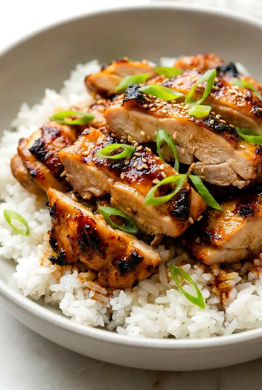 Close-up of sliced Air Fryer honey garlic chicken thigh with juicy interior and glossy glaze over rice with green onions.