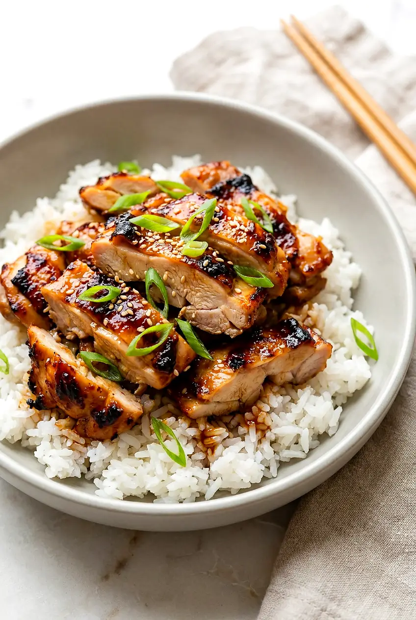 Air Fryer honey garlic chicken thighs, sliced over rice with glossy glaze and sliced green onions.