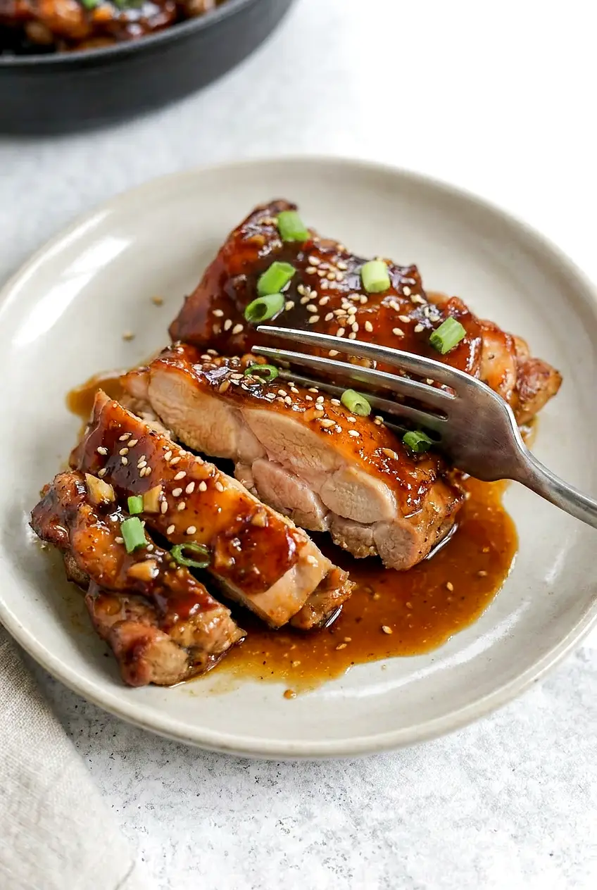 Close-up of sliced air fryer teriyaki chicken thigh showing juicy interior and glossy glaze with sesame seeds and scallions.