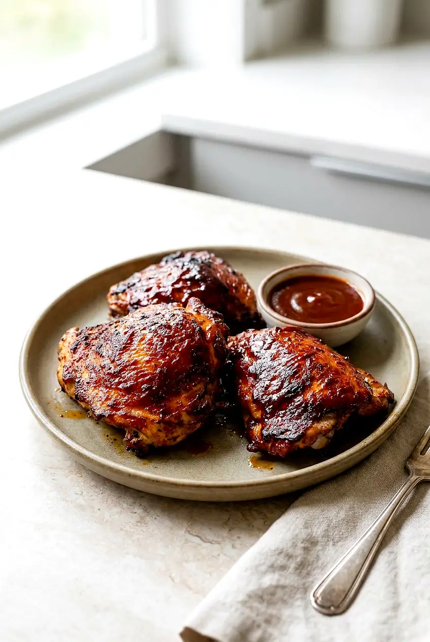 Air fryer BBQ chicken thighs on a plate with glossy sauce and lightly charred spots, crisp-edged skin, and a juicy look.