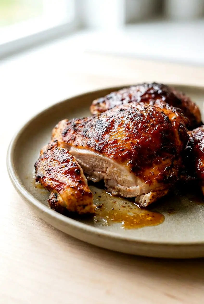 Close-up of air fryer BBQ chicken thigh sliced to show juicy interior and thin, glossy glaze with light char.
