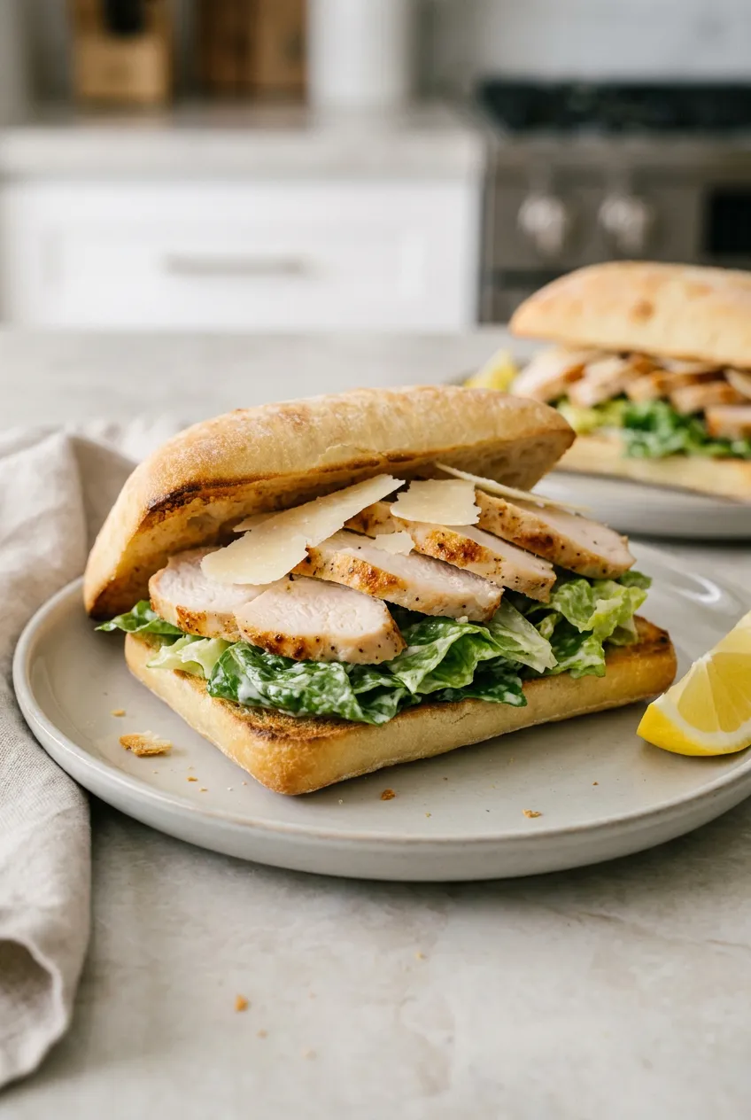 Air fryer Chicken Caesar salad sandwich with thin sliced chicken, romaine in Caesar dressing, Parmesan, on toasted roll with lemon wedge