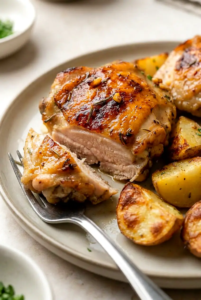 Close-up of air fryer chicken thigh sliced to show juicy interior and crisp skin, with roasted potatoes and golden edges.