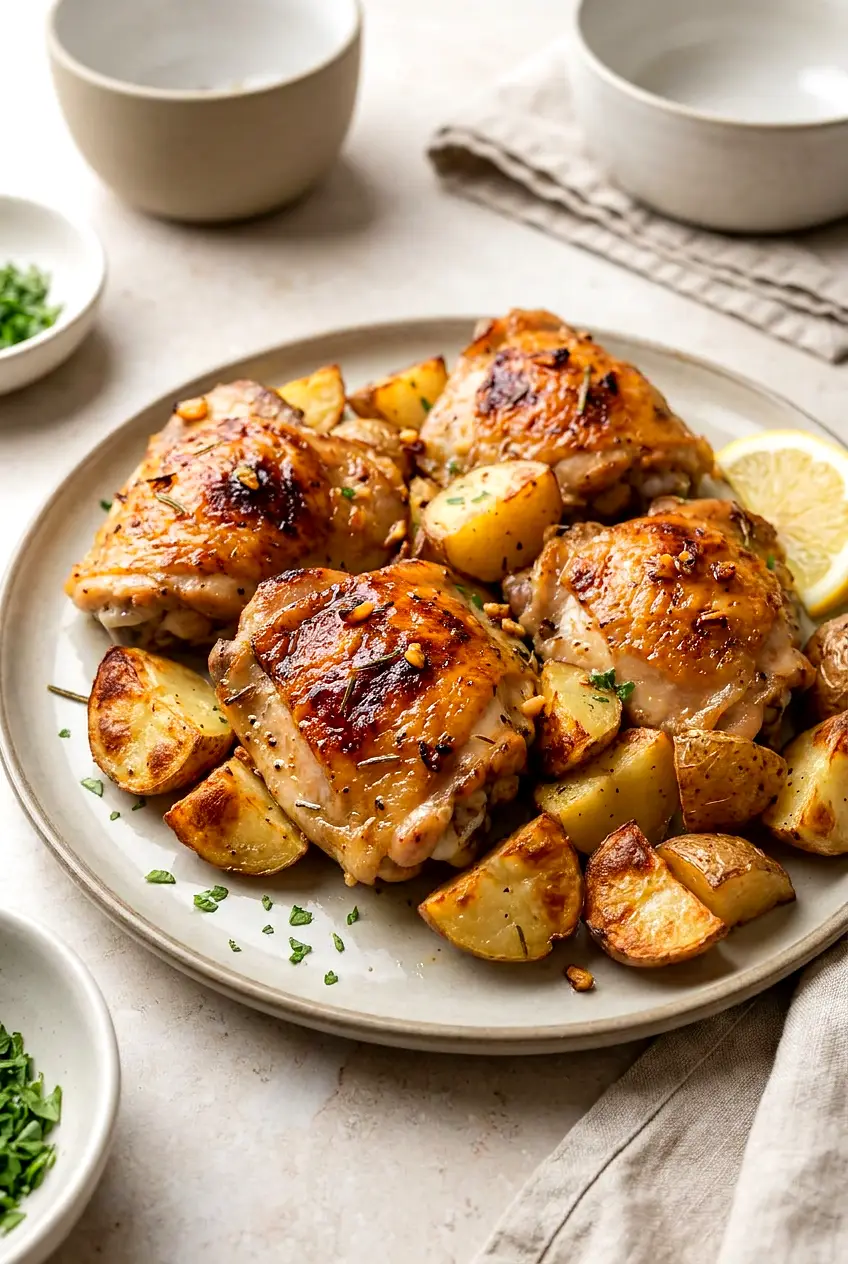 Air fryer chicken thighs and potatoes on white plate; crisp golden skin, browned potato edges, lemon rosemary seasoning.
