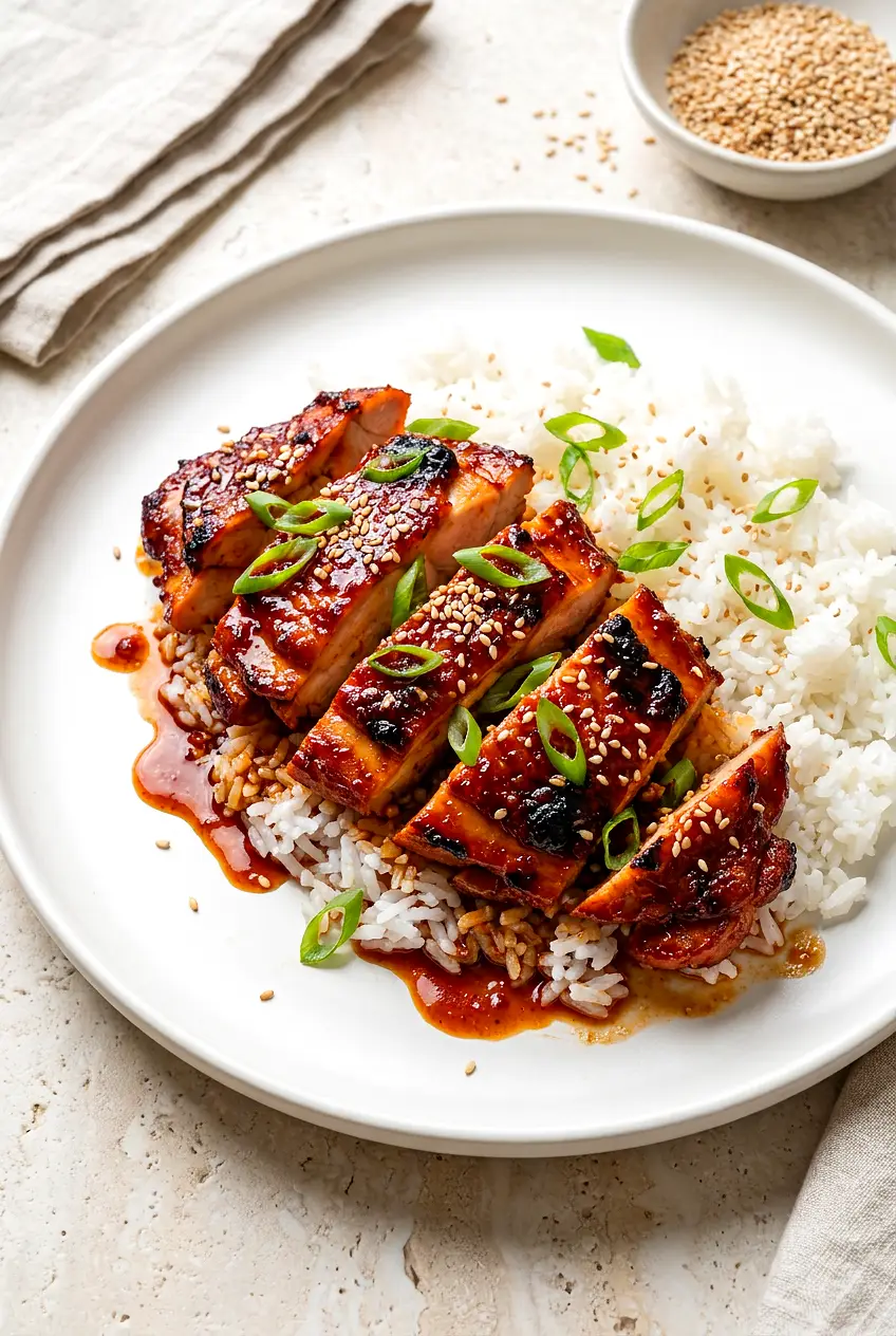 Air fryer gochujang chicken thighs over rice, glossy sticky glaze, darkened edges, sprinkled with sesame seeds and green onions.