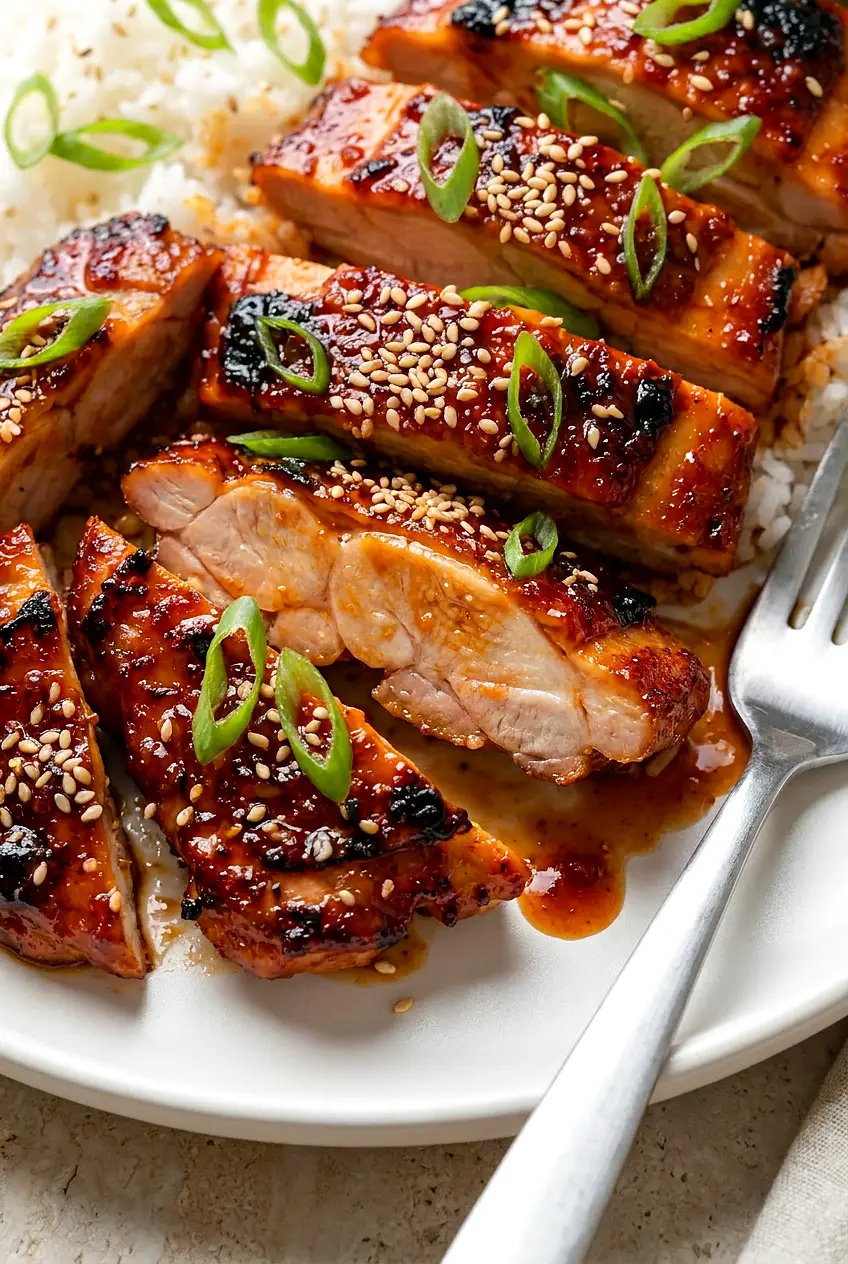 Close-up of sliced gochujang chicken thigh showing juicy interior, sticky glossy glaze, sesame seeds and scallions.