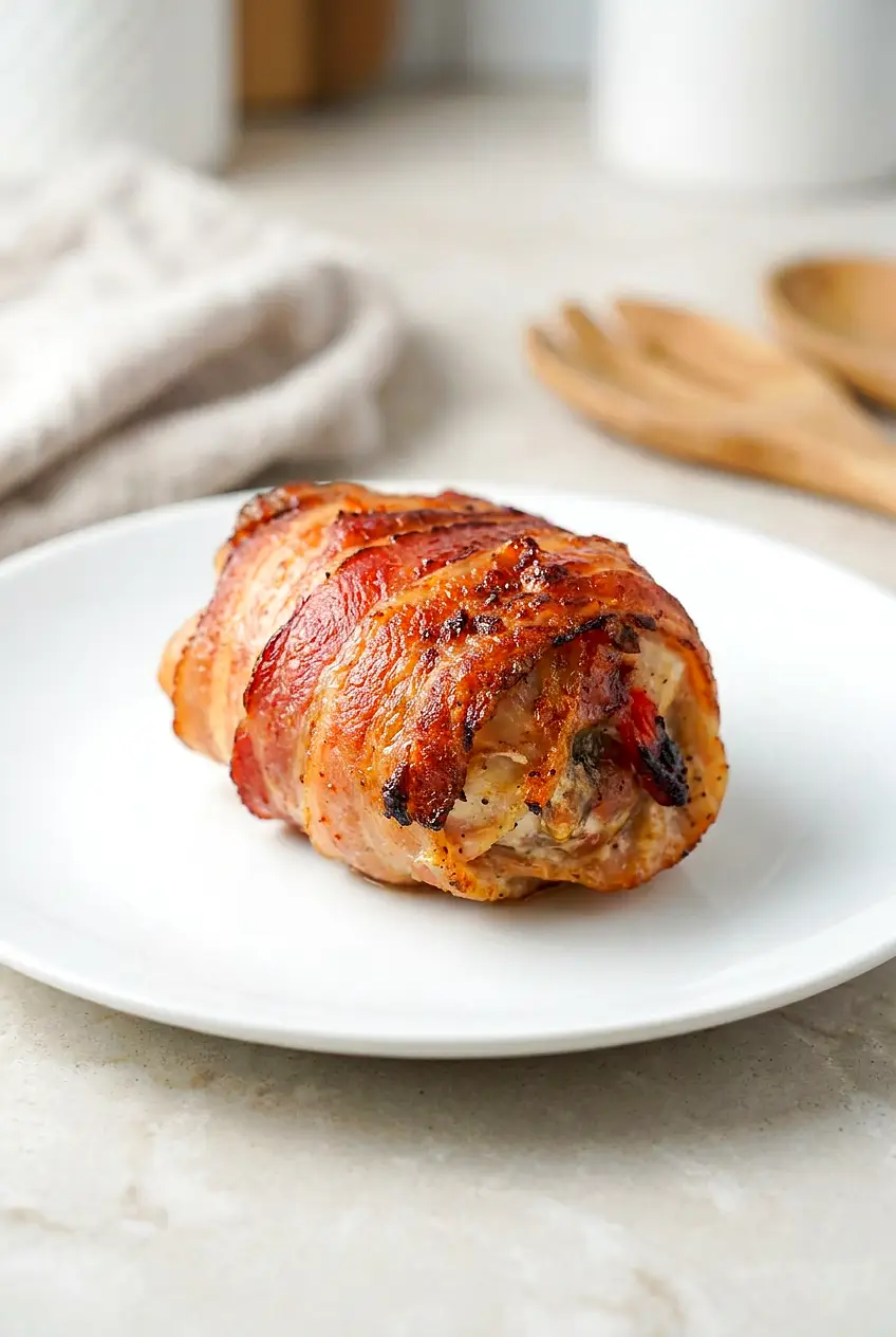 Bacon-wrapped chicken thighs from the air fryer on a white plate, browned with lightly crisp edges, served seam side down.