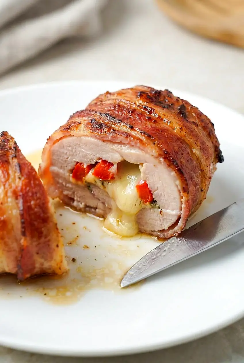 Close-up sliced bacon-wrapped chicken thigh showing melted Swiss-Gruyere and roasted red pepper filling, juicy meat, and crisp bacon.