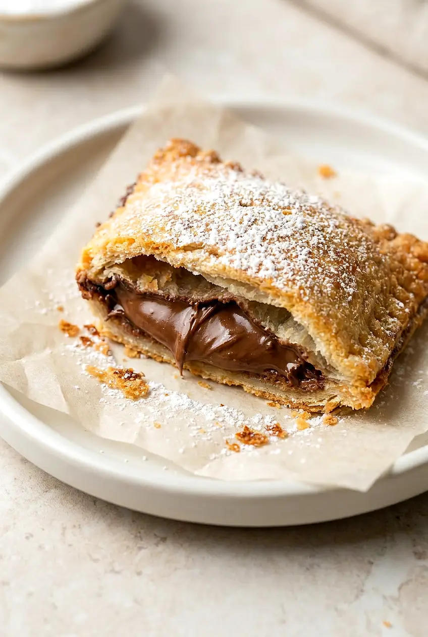 Close-up of a cut-open Air Fryer Nutella Toast Pie showing gooey chocolate-hazelnut filling and crisp browned edges.