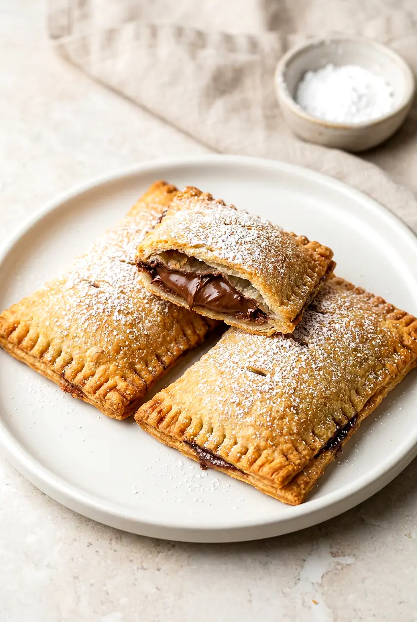 Three Air Fryer Nutella Toast Pies on a plate, deep golden with crisp crimped edges and a light powdered sugar dusting.