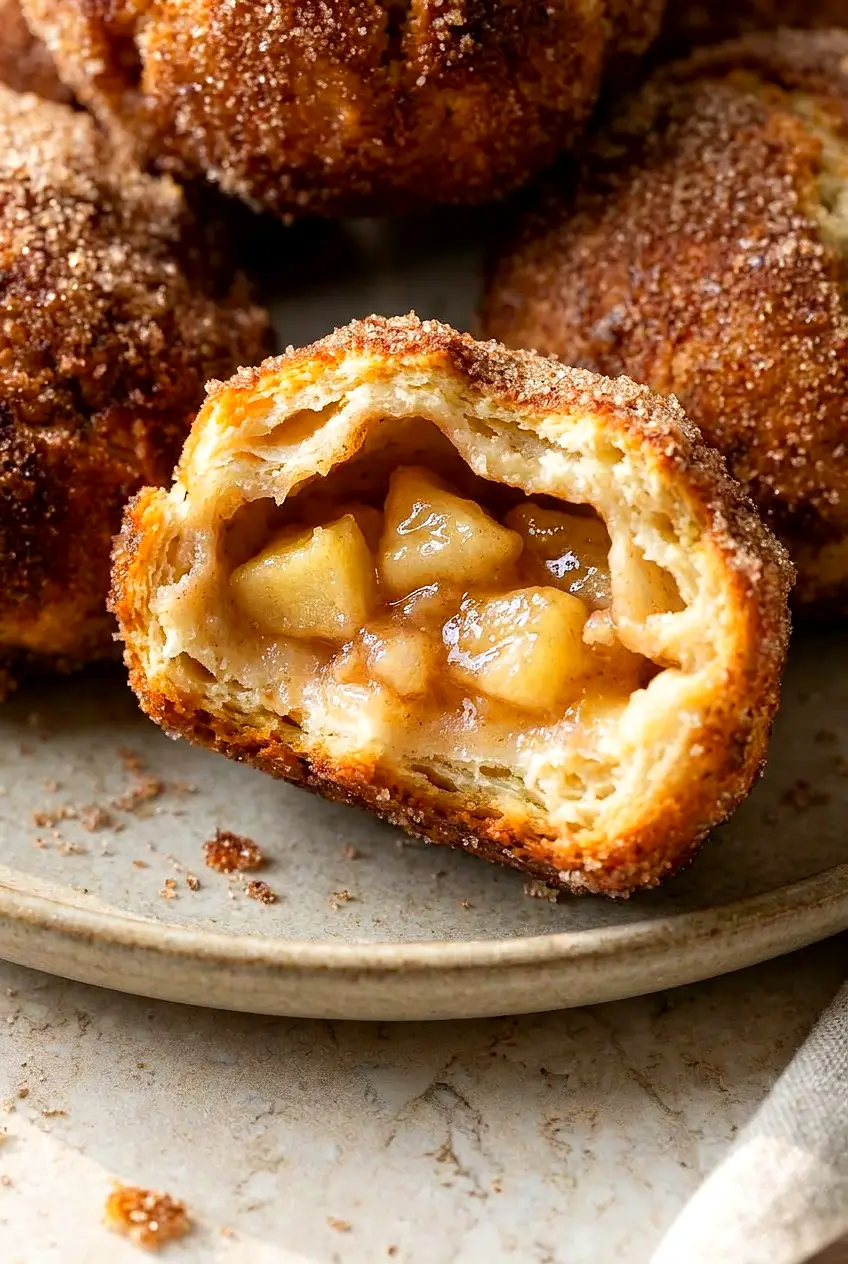 Close-up of a cut air fryer apple pie bomb showing glossy apple filling and tender biscuit layers, coated in cinnamon sugar.
