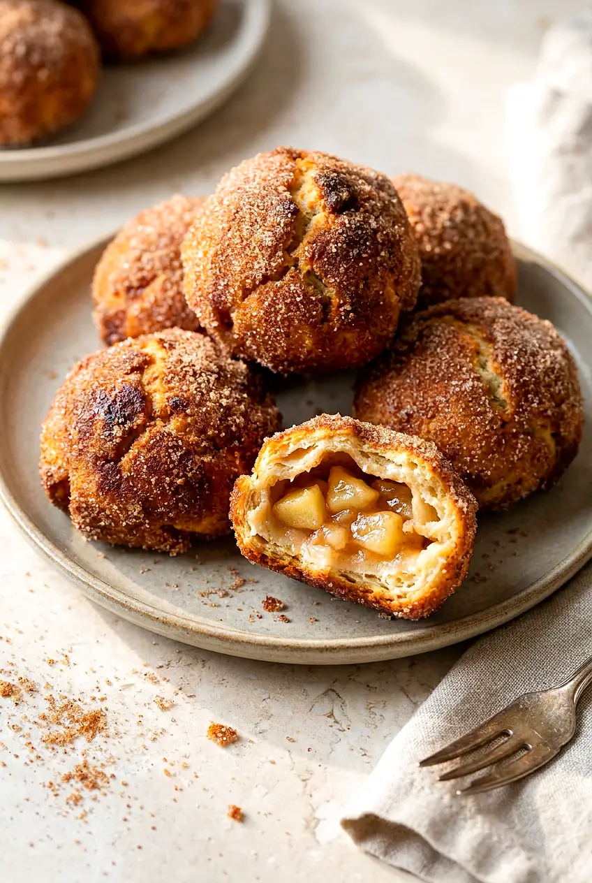 Air fryer apple pie bombs coated in cinnamon sugar, deep golden brown, piled on a neutral plate with a few crumbs.