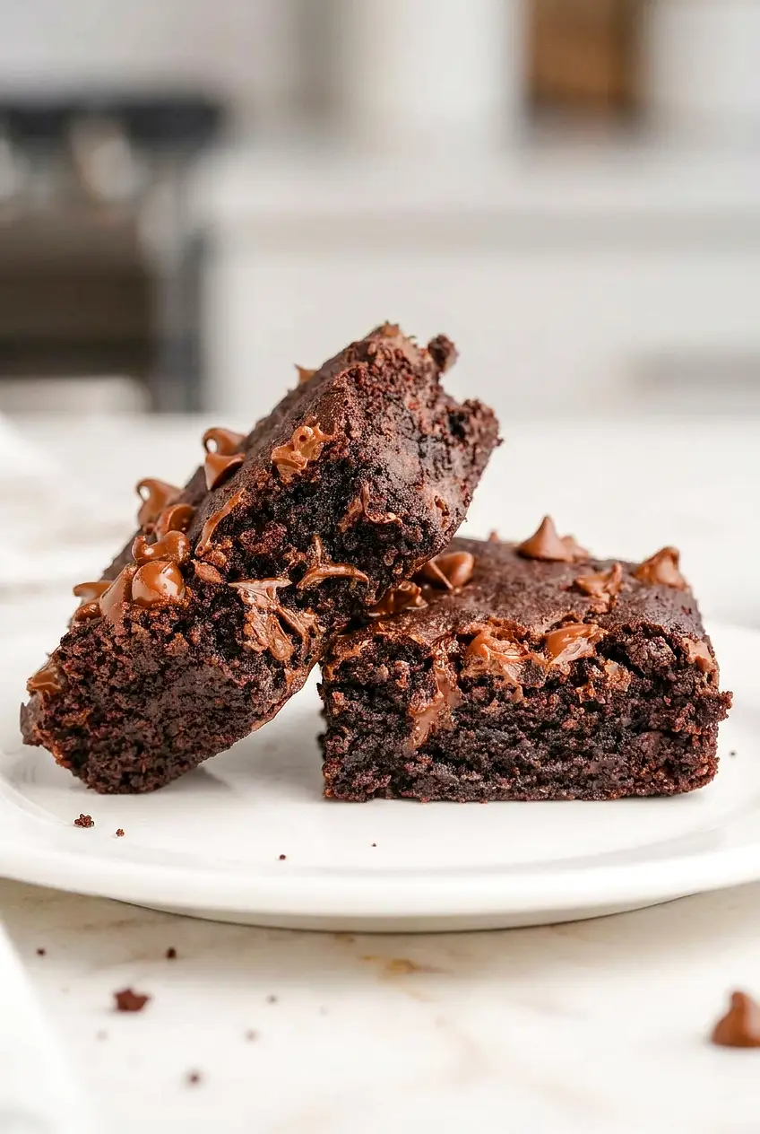 Two air fryer brownies on a white plate, one leaning on the other; matte crinkled tops and set edges.