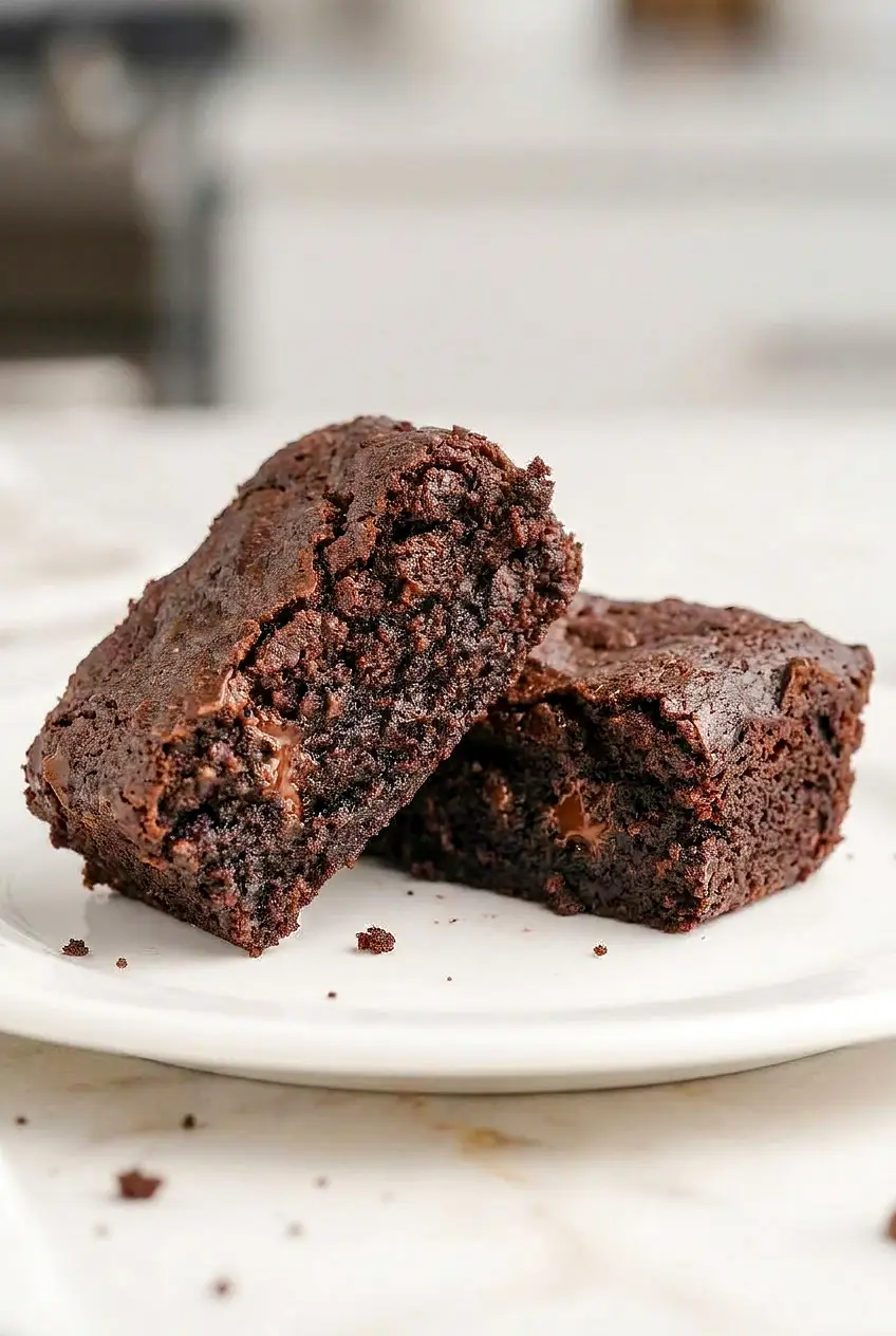 Close-up of a sliced air fryer brownie showing fudgy center, moist crumbs, and a crinkled top on a white surface.
