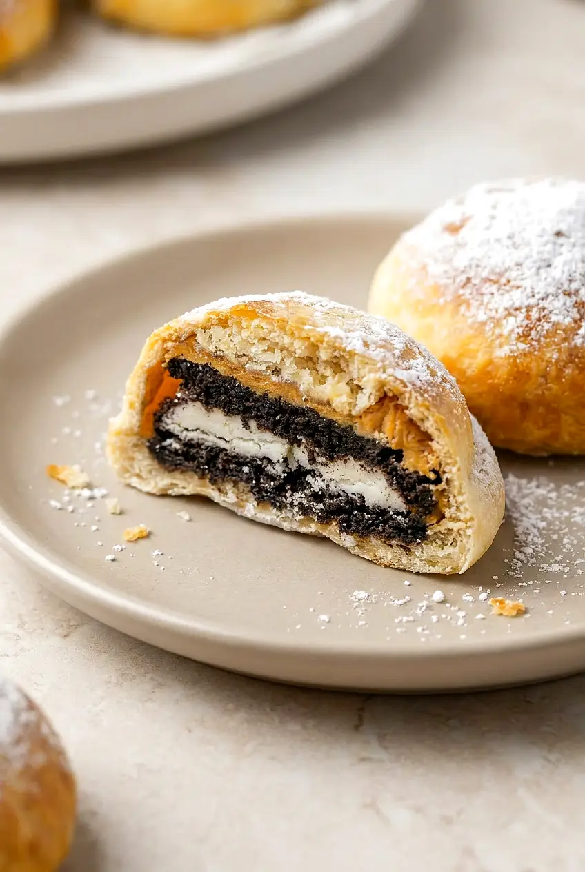 Close-up of cut-open air fryer fried Oreo with soft cookie center and tender golden crescent dough, dusted with sugar.