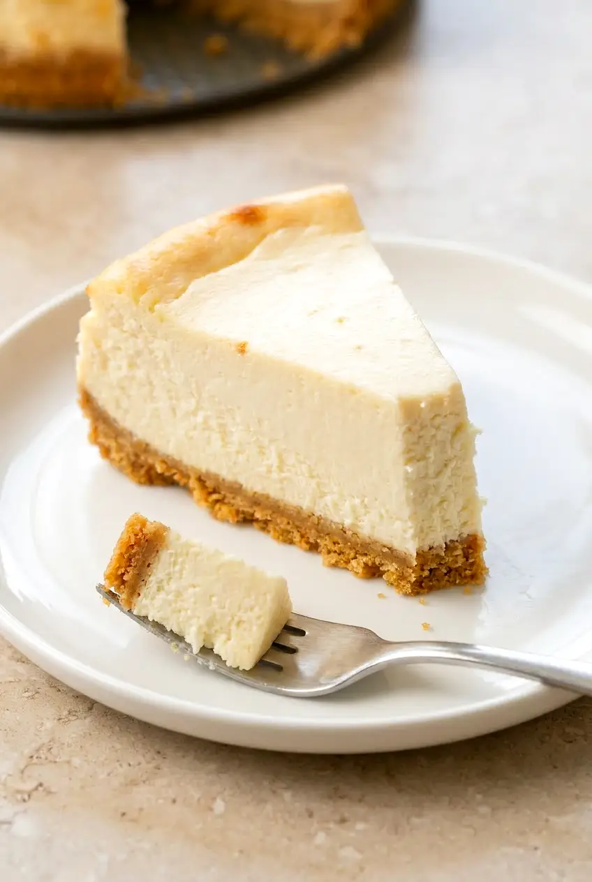 Close-up cheesecake slice showing smooth, creamy interior and clean graham crust base, lightly browned rim.