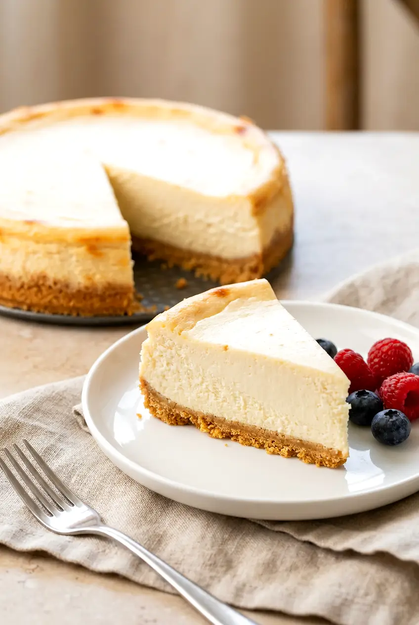 Slice of Air Fryer Cheesecake on white plate, pale top, set edges, creamy center, graham cracker crust on bottom.