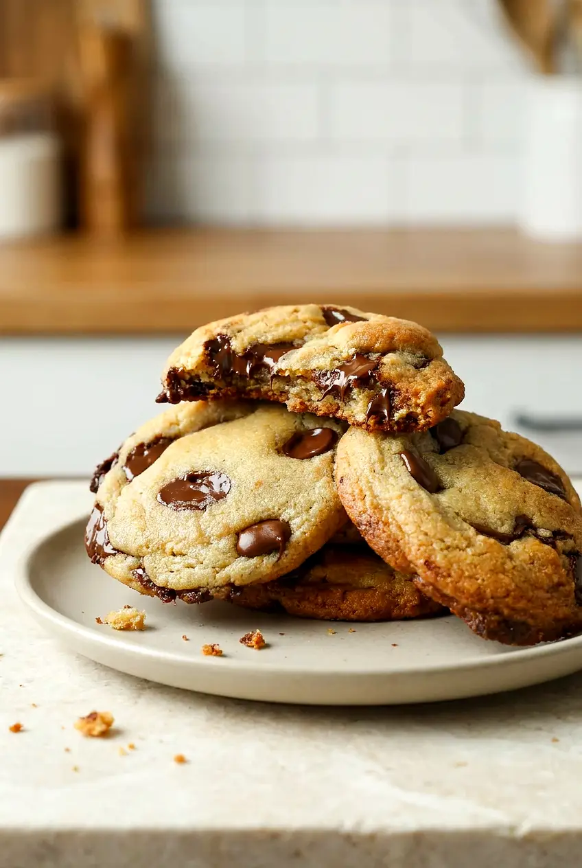 Plate of air fryer chocolate chip cookies with golden edges and soft, chewy centers on a neutral ceramic plate.
