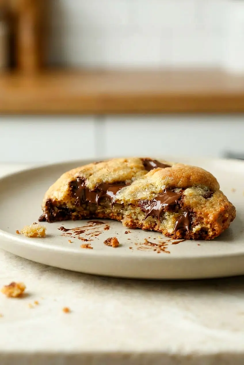 Close-up of a broken air fryer chocolate chip cookie showing gooey chips, chewy center, and a crisp, golden edge.