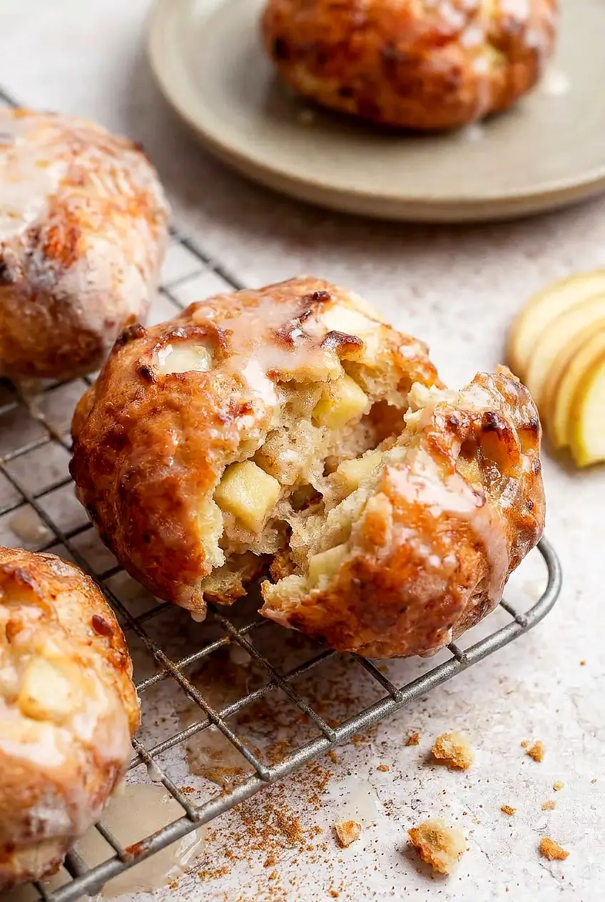 Close-up of a broken air fryer apple fritter showing diced apple inside, tender center, and glaze on a craggy surface.